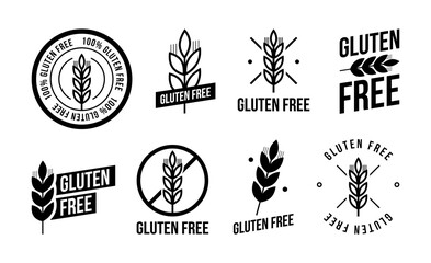 Collection gluten free seals. Various black and white designs, can be used as stamps, seals, badges, for packaging etc.