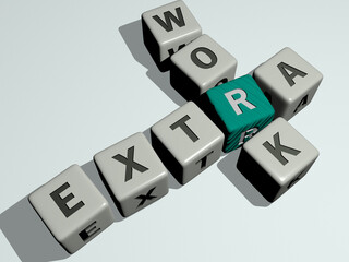 extra work crossword by cubic dice letters. 3D illustration. background and olive