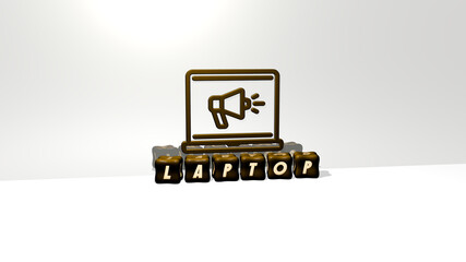 3D illustration of LAPTOP graphics and text made by metallic dice letters for the related meanings of the concept and presentations. computer and business