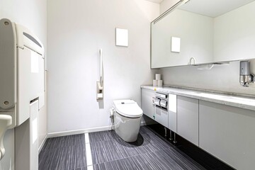 Toilet in hospital for patients and disabled person there are facilities, closet, basin stainless...