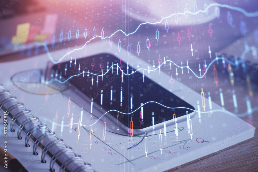 Poster double exposure of forex chart drawing and cell phone background. concept of financial data analysis