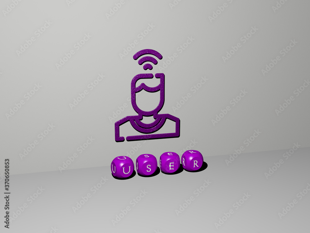 Poster 3d illustration of user graphics and text made by metallic dice letters for the related meanings of 