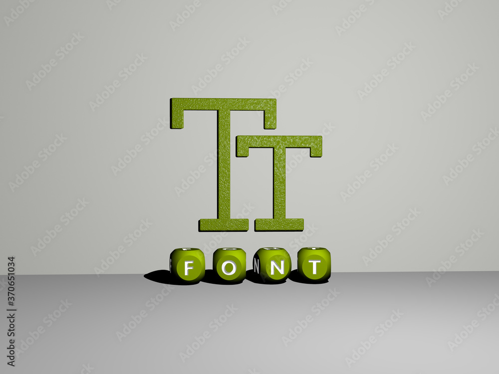 Poster 3d representation of font with icon on the wall and text arranged by metallic cubic letters on a mir