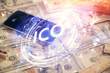 Multi exposure of crypto theme drawing over us dollars bill background. Concept of blockchain success.
