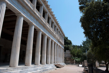 Athens, Greece, August 2020: The stoa of The Ancient Agora of Athens  during the coronavirus period