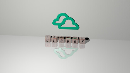 clouds text of cubic dice letters on the floor and 3D icon on the wall. 3D illustration. blue and background