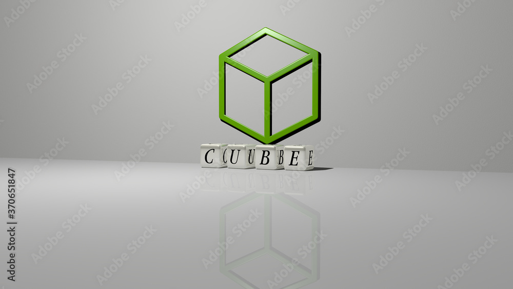 Poster cube text of cubic dice letters on the floor and 3d icon on the wall. 3d illustration. background an
