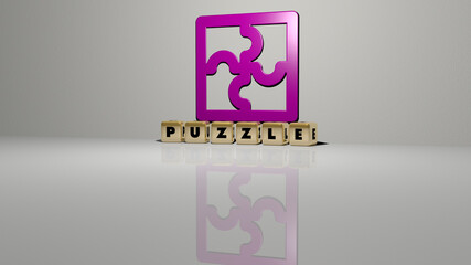 puzzle text of cubic dice letters on the floor and 3D icon on the wall. 3D illustration. background and concept