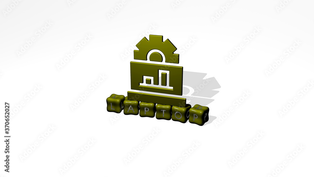 Poster laptop 3d icon object on text of cubic letters. 3d illustration. computer and business