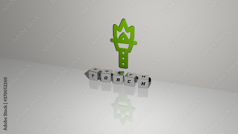 Poster torch text of cubic dice letters on the floor and 3d icon on the wall. 3d illustration. fire and bac