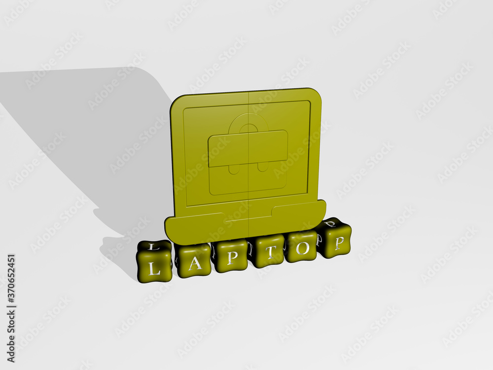 Poster laptop 3d icon object on text of cubic letters. 3d illustration. computer and business