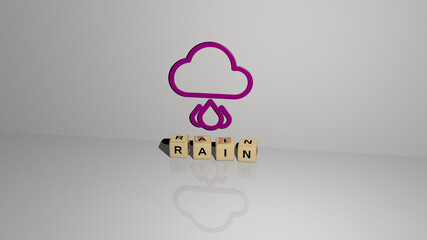 rain text of cubic dice letters on the floor and 3D icon on the wall. 3D illustration. background and beautiful