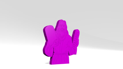 MOSES WITH TEN COMMANDMENTS 3D drawing icon on white floor. 3D illustration. mount and egypt