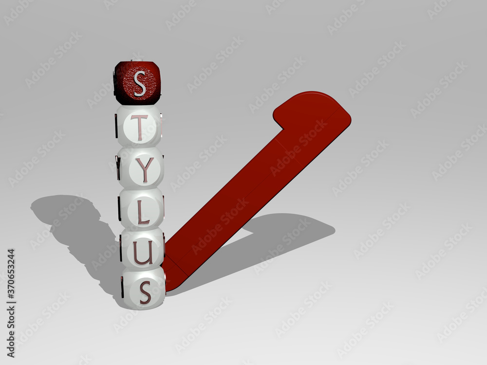 Poster 3d illustration of stylus graphics and text around the icon made by metallic dice letters for the re