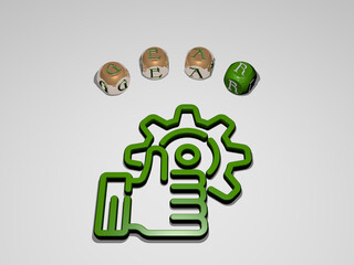 gear circular text of separate letters around the 3D icon. 3D illustration. background and concept