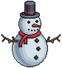 Pixel art snowman. Christmas snowman with scarf and top hat. 8bit game item on white background