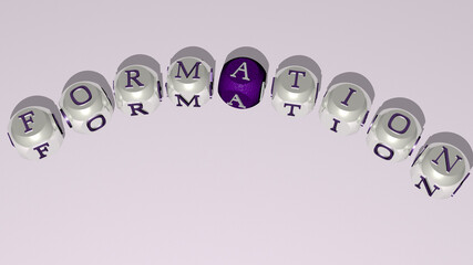 FORMATION curved text of cubic dice letters. 3D illustration. rock and landscape