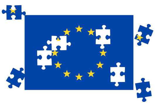EU jigsaw puzzle. Concept of EU breaking, federalisation of the European Union. 