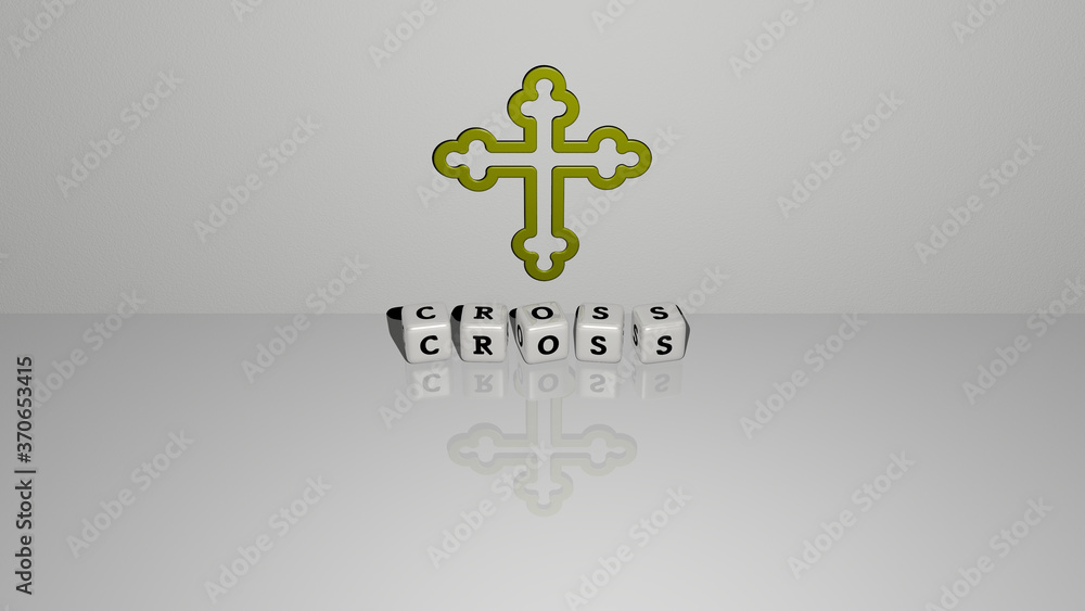 Aufkleber cross text of cubic dice letters on the floor and 3d icon on the wall. 3d illustration. background a