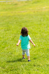 little child playing in the grass of farm