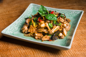 thai style sautéed variety of mushroom with basil and spicy red chili