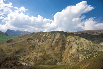 Beautiful landscape in the mountains at summer in daytime. Mountains at the sunset time. Azerbaijan, Caucasus. Khinalig