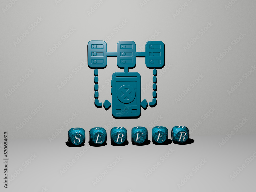 Poster server 3d icon on the wall and text of cubic alphabets on the floor. 3d illustration. data and compu