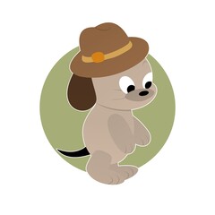 Illustration of Brown Dog Standing While Wearing a Hat Cartoon, Cute Funny Character, Flat Design