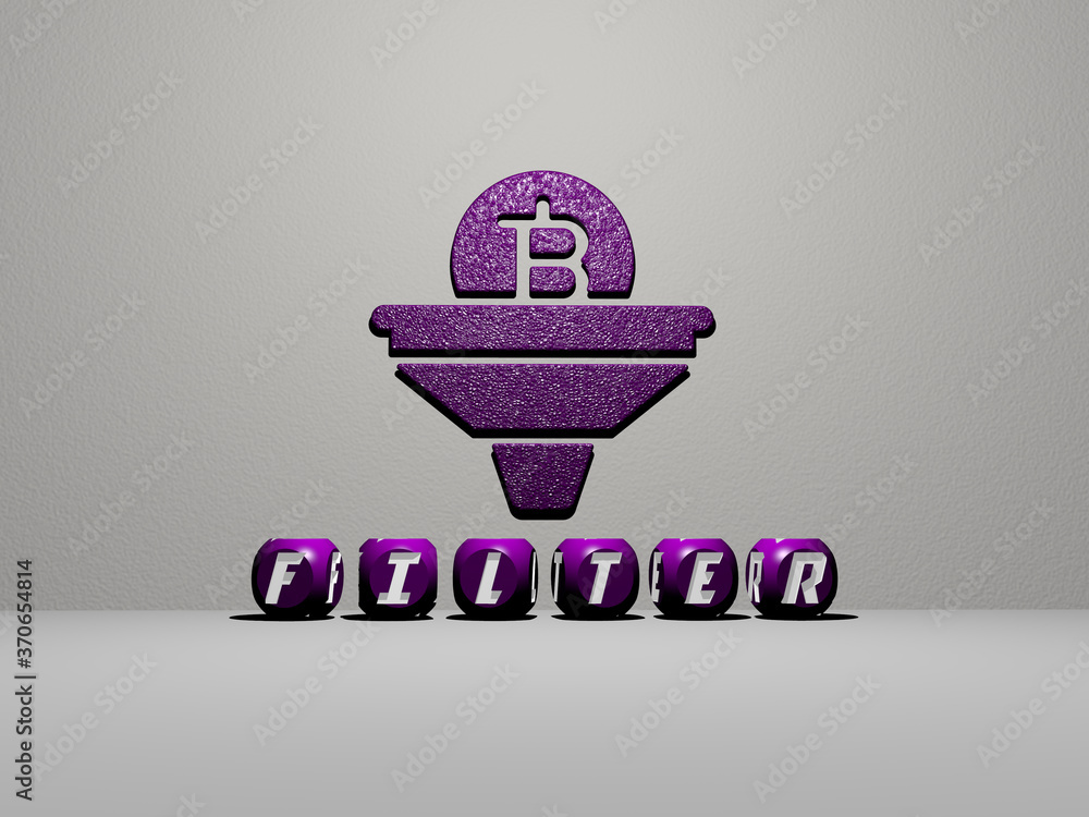 Poster 3d illustration of filter graphics and text made by metallic dice letters for the related meanings o