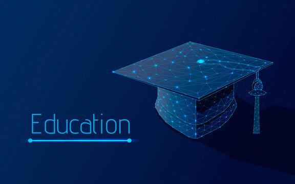 graduation cap of a university, school or institute graduation cap, online learning concept Polygonal abstract isolated on dark blue, plexsus, wireframe, vector illustration, dots, triangle, low poly