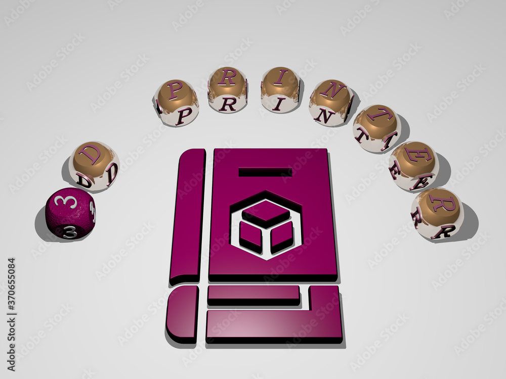 Poster 3d printer 3d icon surrounded by the text of cubic letters. 3d illustration. background and renderin