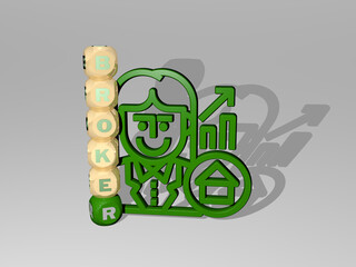 3D illustration of BROKER graphics and text around the icon made by metallic dice letters for the related meanings of the concept and presentations. business and businessman