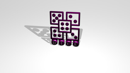 DICE 3D icon over cubic letters. 3D illustration. background and casino