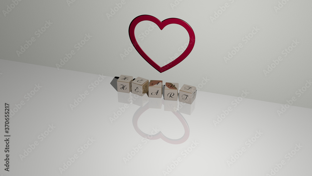 Poster heart text of cubic dice letters on the floor and 3d icon on the wall. 3d illustration. background a