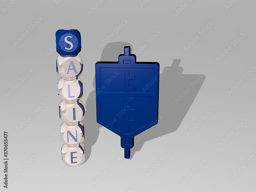 Poster 3d graphical image of saline vertically along with text built around the icon by metallic cubic lett