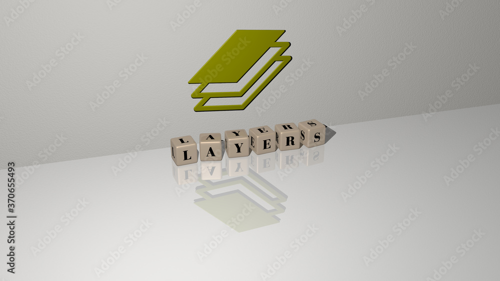 Poster layers text of cubic dice letters on the floor and 3d icon on the wall. 3d illustration. background 
