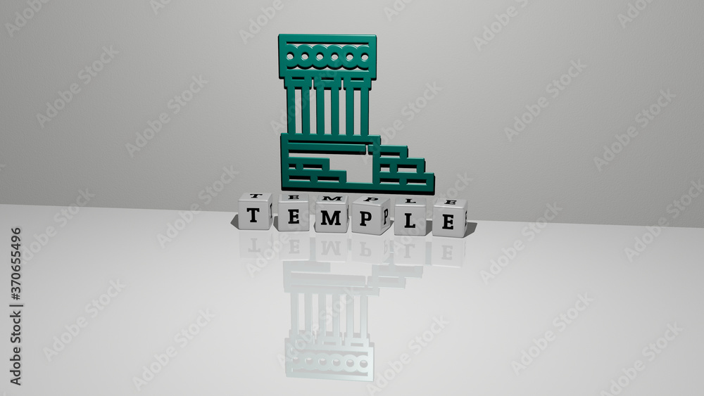 Poster temple text of cubic dice letters on the floor and 3d icon on the wall. 3d illustration. ancient and