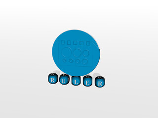 ruler cubic letters with 3D icon on the top. 3D illustration. background and design