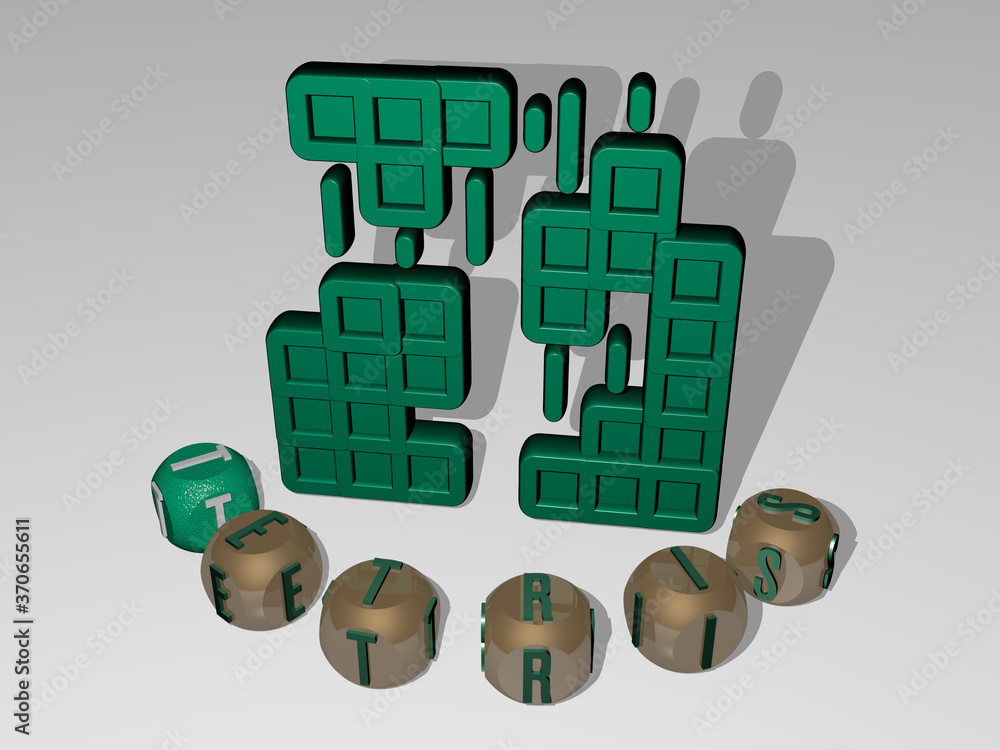 Poster tetris round text of cubic letters around 3d icon. 3d illustration. background and pattern