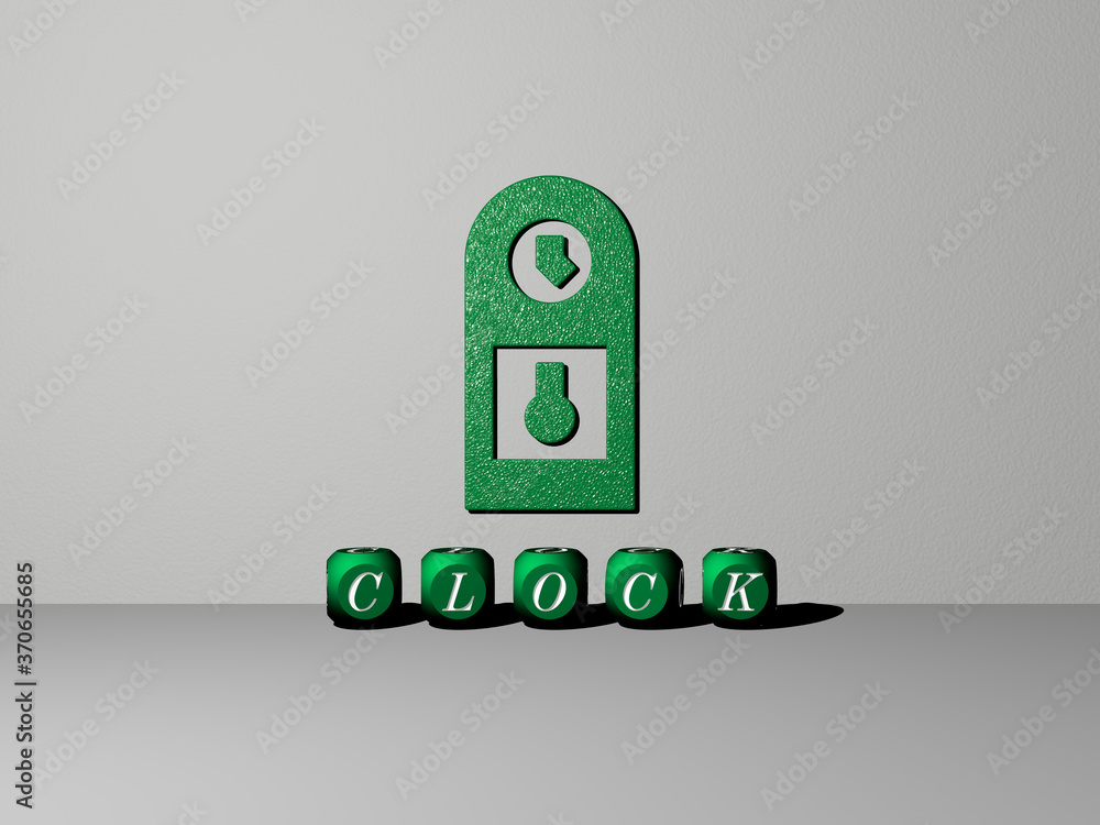 Poster 3d illustration of clock graphics and text made by metallic dice letters for the related meanings of