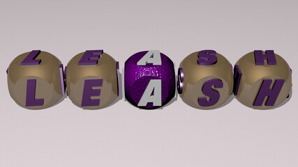 LEASH text by cubic dice letters. 3D illustration. dog and animal