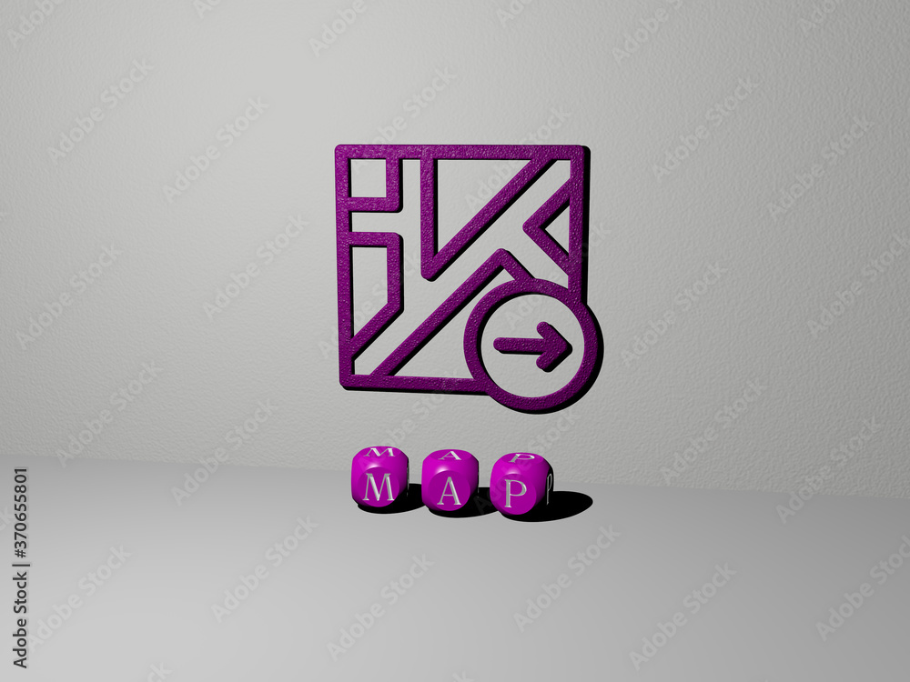 Poster 3d graphical image of map vertically along with text built by metallic cubic letters from the top pe