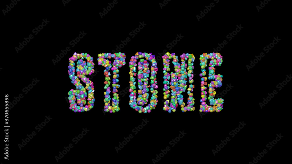 Poster colorful 3d writing of stone text with small objects over a dark background and matching shadow. arc
