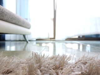 a long upholstered seat with a back and arms, for two or more people, white table on fur carpet, modern interior design concept. 
