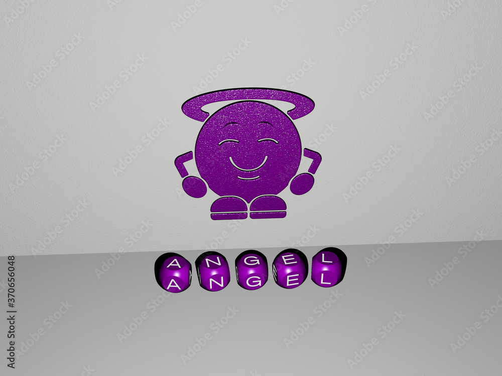 Aufkleber 3d representation of angel with icon on the wall and text arranged by metallic cubic letters on a mi