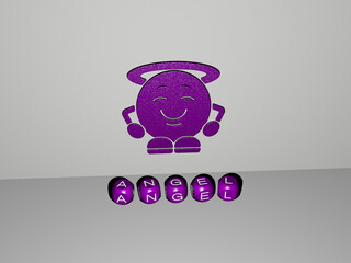 3D representation of angel with icon on the wall and text arranged by metallic cubic letters on a mirror floor for concept meaning and slideshow presentation. illustration and background