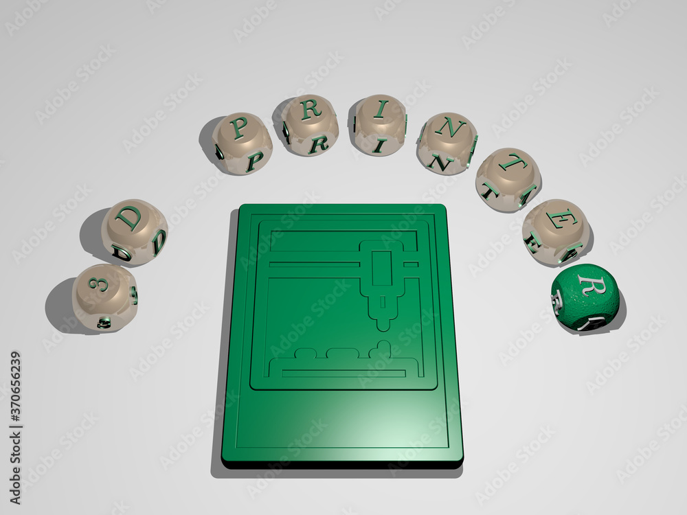 Poster 3d printer 3d icon surrounded by the text of cubic letters. 3d illustration. background and renderin