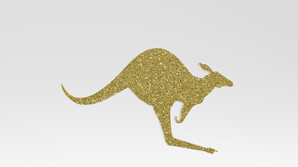 kangaroo from a perspective on the wall. A thick sculpture made of metallic materials of 3D rendering. australia and illustration