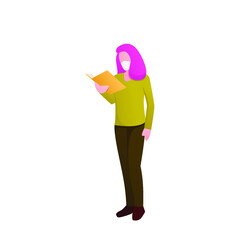 a girl reading a book and wearing white mask flat vector illustration
