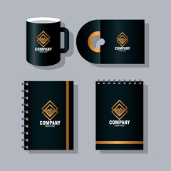 corporate identity brand mockup, set business stationery, black mockup with golden sign illustration design vector